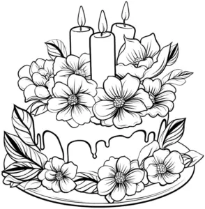 ausmalbild-torte-mit-blumen-und-kerzen
