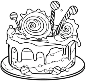 ausmalbild-torte-mit-bonbons-und-lollis