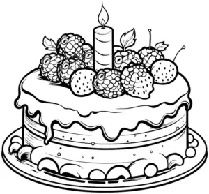 ausmalbild-torte-mit-kerze-und-beeren