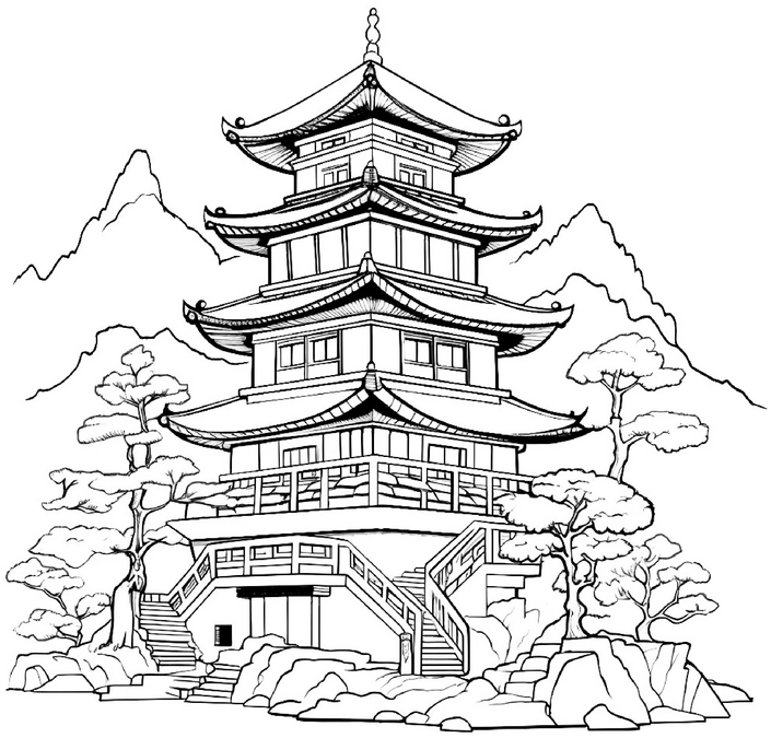 ausmalbild-traditioneller-architektur-turm-in-der-natur