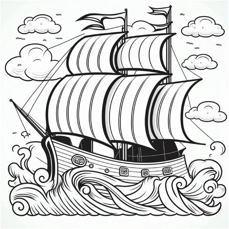 ausmalbild-traditionelles-schiff-mit-segeln-und-wellen