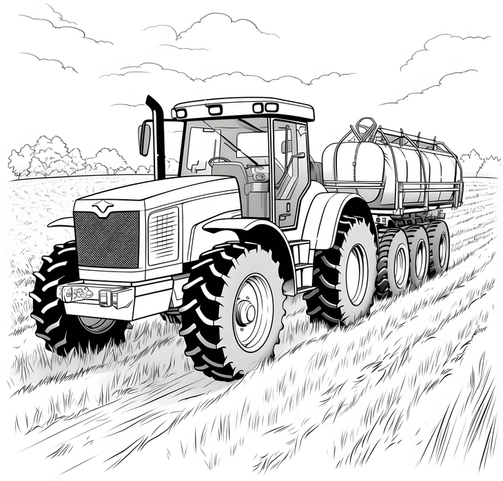 ausmalbild-traktor-mit-anhaenger-auf-dem-feld
