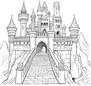 ausmalbild-traumhaftes-schloss-mit-bruecke-und-tuermen