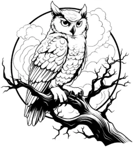 ausmalbild-uhu-auf-ast-mit-wolken