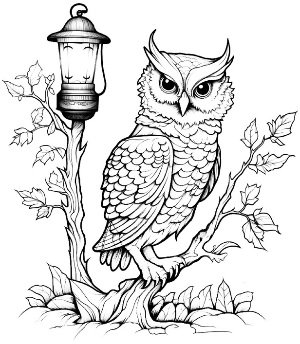ausmalbild-uhu-mit-laterne-auf-ast