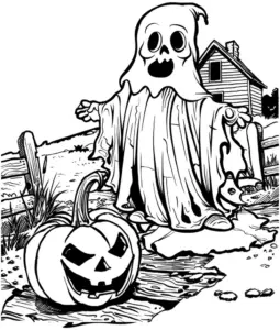 ausmalbild-unheimlicher-geist-kuerbis-und-haus