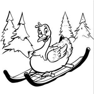 ausmalbild-verspielte-gans-auf-schlitten-im-winterwald