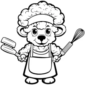 ausmalbild-verspieltes-schaf-als-koch-mit-kuechengeraeten