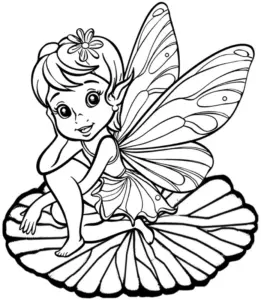 ausmalbild-von-einem-maedchen-mit-feenfluegeln-auf-einer-muschel