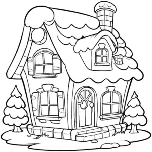 ausmalbild-von-einem-winterlichen-haus-mit-schneebedecktem-dach