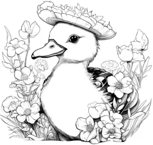 ausmalbild-von-einer-ente-mit-blumen-und-hut