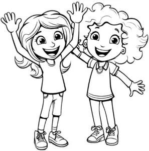 ausmalbild-von-froehlichen-maedchen-mit-freundschaftsgruss