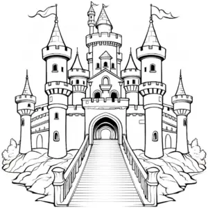 ausmalbild-von-turmschloss-mit-bruecke-und-tuern