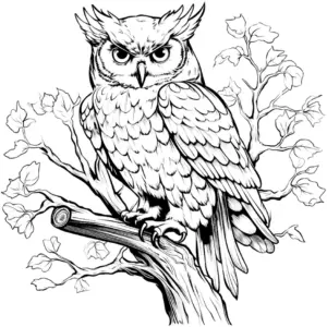 ausmalbild-von-uhu-auf-ast-mit-blaettern