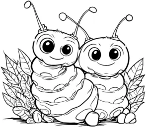 ausmalbild-von-zwei-froehlichen-raupen-zwischen-blaettern