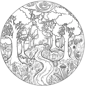 ausmalbild-waldlandschaft-mit-fliessendem-weg-und-pflanzen