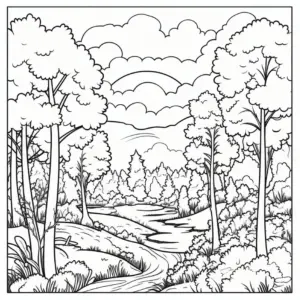 ausmalbild-waldlandschaft-mit-fluss-und-regenbogen