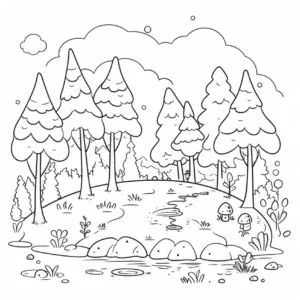 ausmalbild-waldlandschaft-mit-nadelbaeumen-und-bach