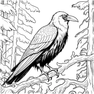 ausmalbild-waldrabe-auf-ast-inmitten-von-baeumen