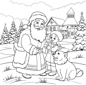 ausmalbild-weihnachtsmann-junge-in-winterlandschaft