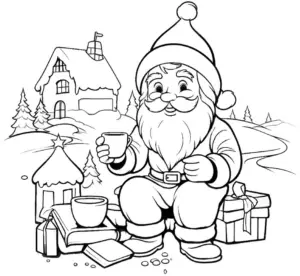ausmalbild-weihnachtsmann-mit-geschenken-und-winterlandschaft