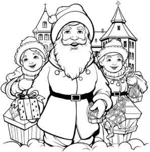 ausmalbild-weihnachtsmann-und-kinder-mit-geschenken