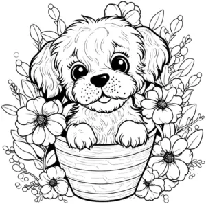 ausmalbild-welpe-im-blumentopf-und-blumen