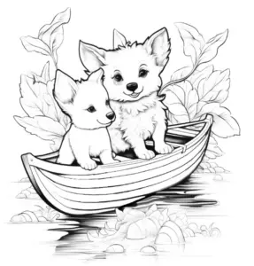 ausmalbild-welpen-im-boot-und-pflanzen