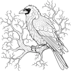 ausmalbild-wilder-rabe-auf-baumast