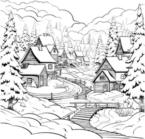 ausmalbild-winterlandschaft-mit-haeusern-und-nadelbaeumen