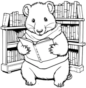 ausmalbild-wombat-mit-buch-in-bibliothek
