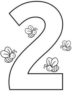 ausmalbild-zahl-zwei-mit-bienen
