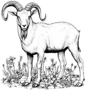 ausmalbild-ziege-in-bluehender-wiesenlandschaft