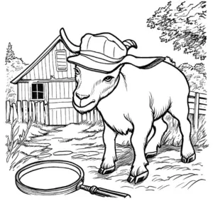 ausmalbild-ziege-mit-hut-vor-bauernhaus