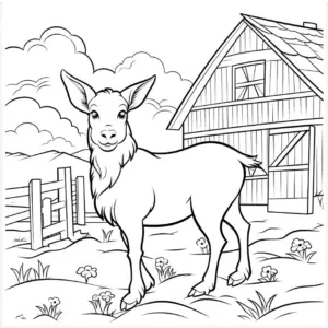 ausmalbild-ziege-vor-bauernhof-mit-landschaft