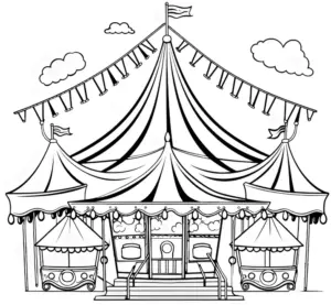 ausmalbild-zirkuszelt-mit-fahnen-und-girlanden