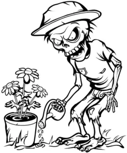 ausmalbild-zombie-beim-giessen-von-blumen