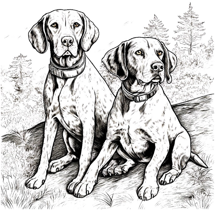 ausmalbild-zwei-deutsch-kurzhaar-hunde-natur-umgebung