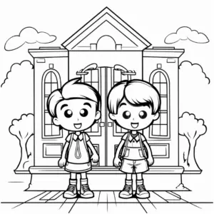 ausmalbild-zwei-jungen-vor-einem-schulgebaeude