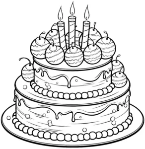 ausmalbild-zweistoekiger-kuchen-mit-kerzen-und-fruechten