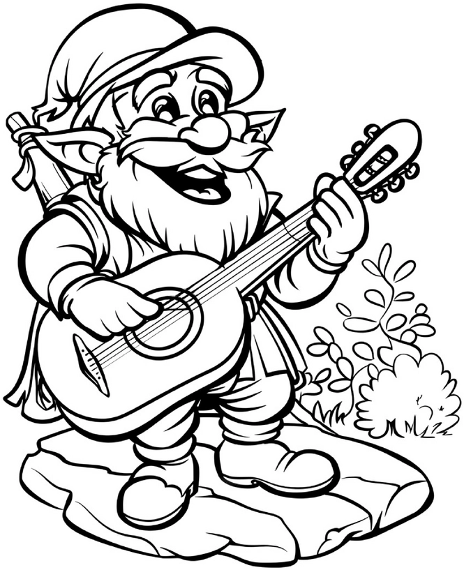 ausmalbild-zwerg-mit-gitarre-und-pflanzen