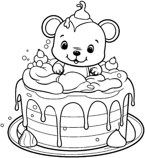 baer-in-torte-ausmalbild-mit-sahne-und-suessigkeiten