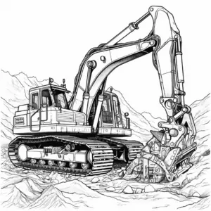 bagger-ausmalbild-auf-baustelle-mit-felsen