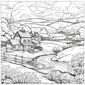 bauernhaus-mit-landschaft-und-bach-ausmalbild