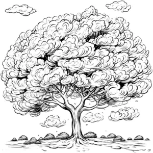 baum-mit-wolkenfoermigem-laub-in-ruhiger-landschaft