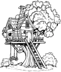 baumhaus-ausmalbild-mit-schaukel-und-treppe