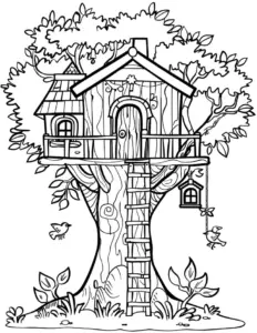 baumhaus-ausmalbild-von-vögeln-und-pflanzen