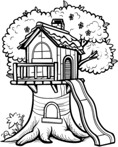 baumhaus-mit-rutsche-und-natur-ausmalbild