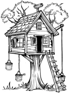 baumhaus-mit-schaukel-und-leiter-ausmalbild