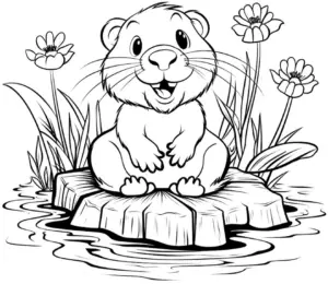 biber-auf-baumstamm-im-teich-ausmalbild